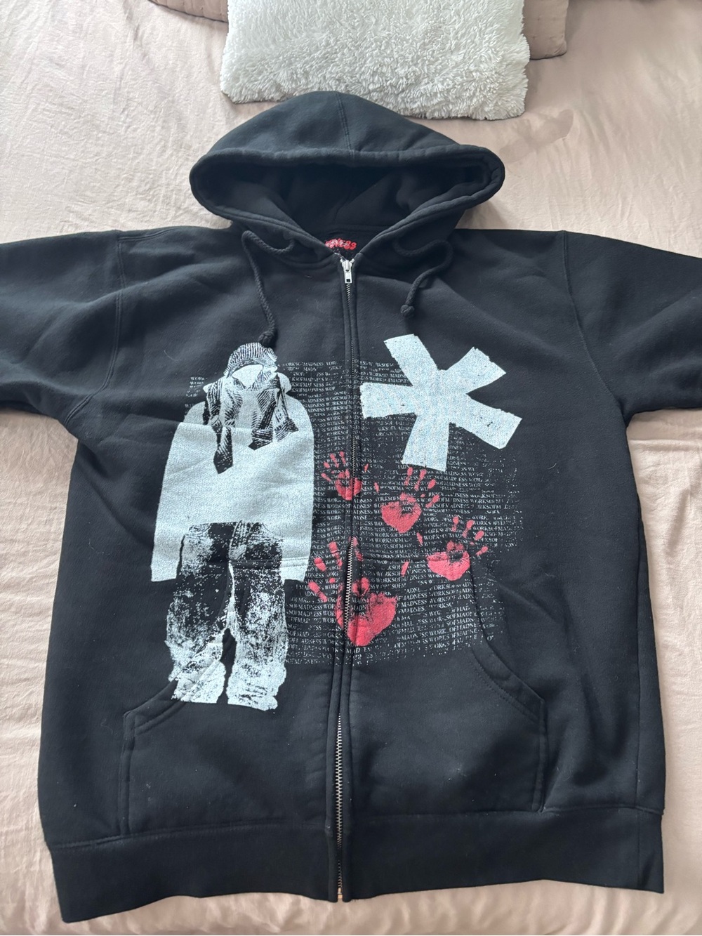 Black Graphic Zip Hoodie with Red Heart Paw Prints